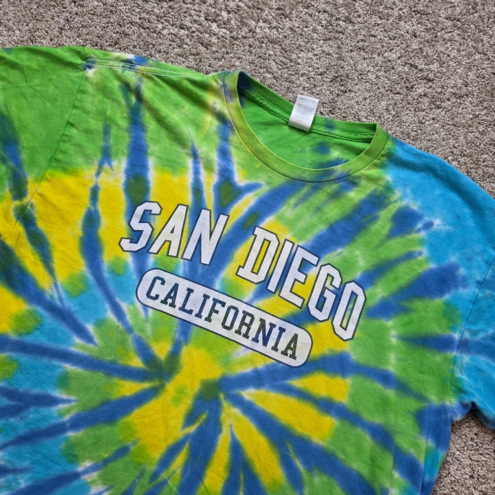 San Diego California Mens XL Cotton Tie Dye Tee Green Blue Yellow Surf Y2K